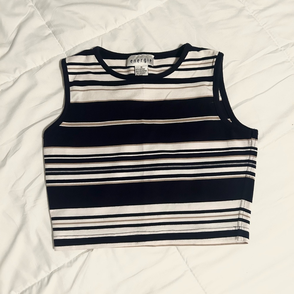 Vintage 90s Energie Navy White & Tan Striped Crop Top